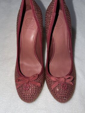Tory Burch Rose Pink Studded Suede Bow Ballet Flats